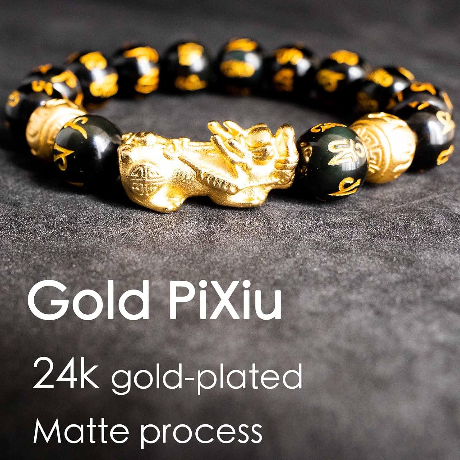 Feng Shui Bracelet 24K Gold Plated PiXiu, Colored Eyes Obsidian Dragon Protection Bracelet Meditation Decompression Prayer Beads Lucky Wealth Bracelets for Men Women(12mm) - Image 3