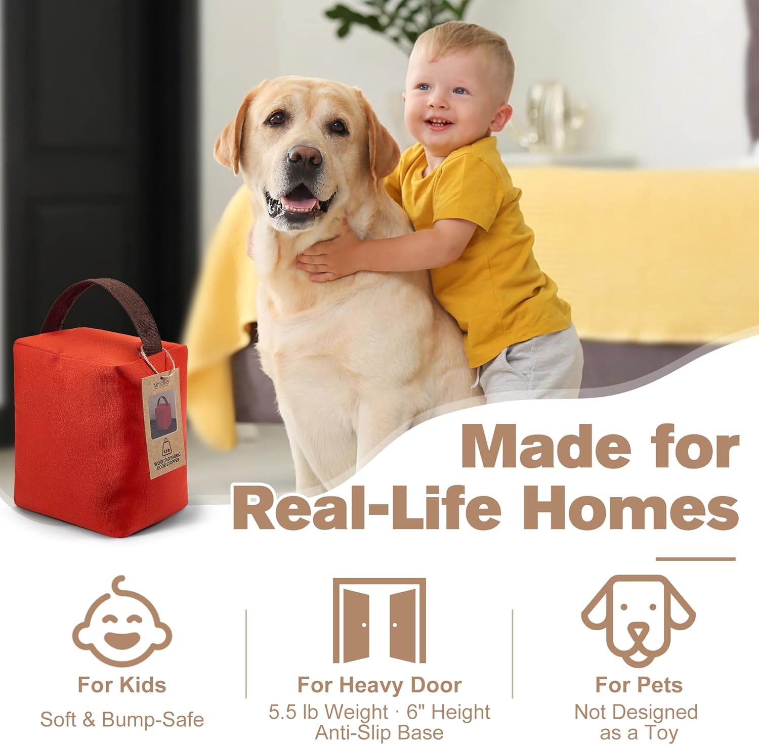 Weighted Door Stopper 5.5 lb - Heavy Door Stopper with Handle, Floor Safe Fabric Door Stop, 2 Bonus Door Draft Stoppers (Up to $15 Value), Non-Slip for Kids & Pets, 6" L × 4.5" W × 7" H