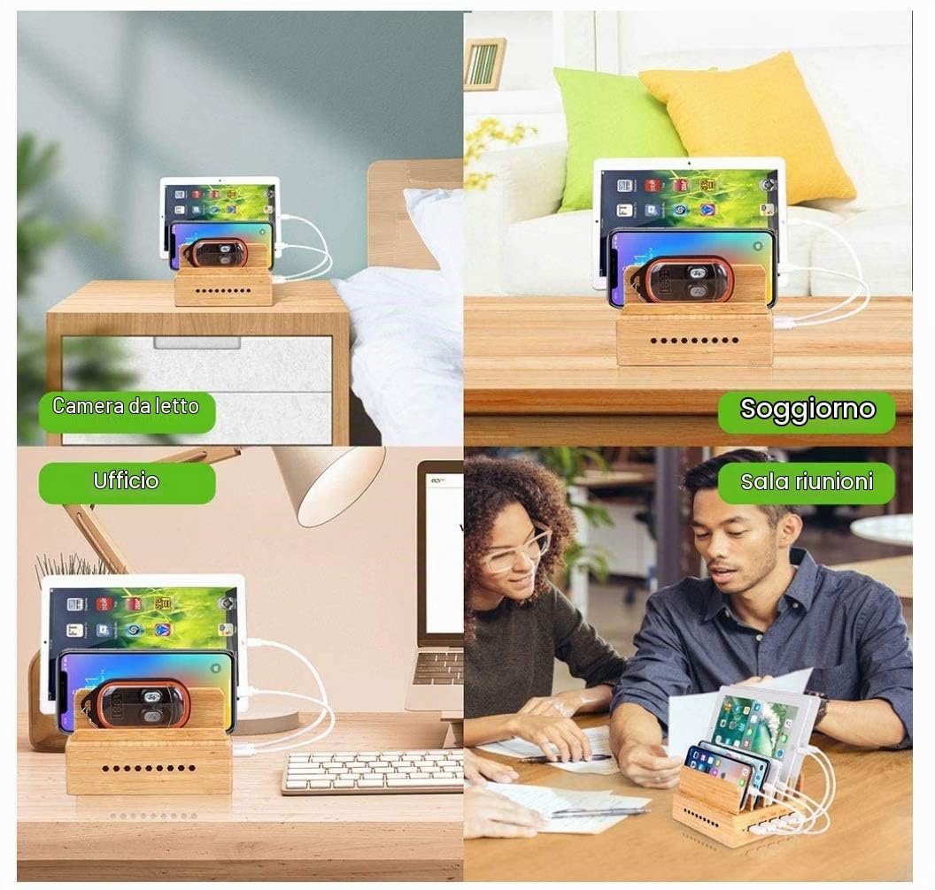 Yisen - Stazione di ricarica USB a 5 porte, in bambù, per iPhone, iPad, telefoni cellulari universali, tablet e altri dispositivi con ricarica USB, con cavo di ricarica del Regno Unito