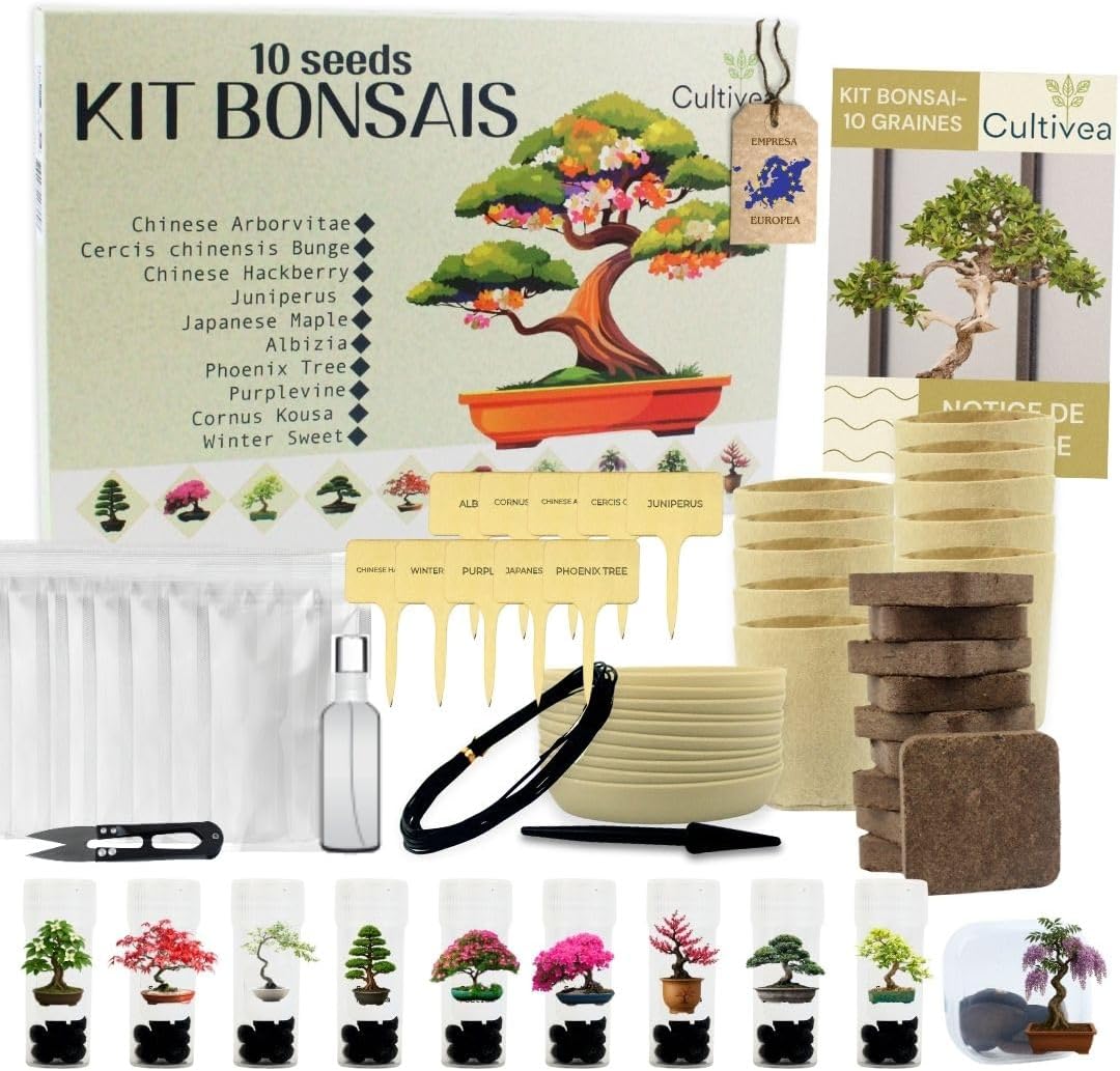 CULTIVEA® Kit 10 Bonsáis para Cultivar – Kit Cultivo Bonsái Completo con Semillas, Macetas y Herramientas – Bonsái Interior para Principiantes – Regalo Ecológico para Amantes de las Plantas