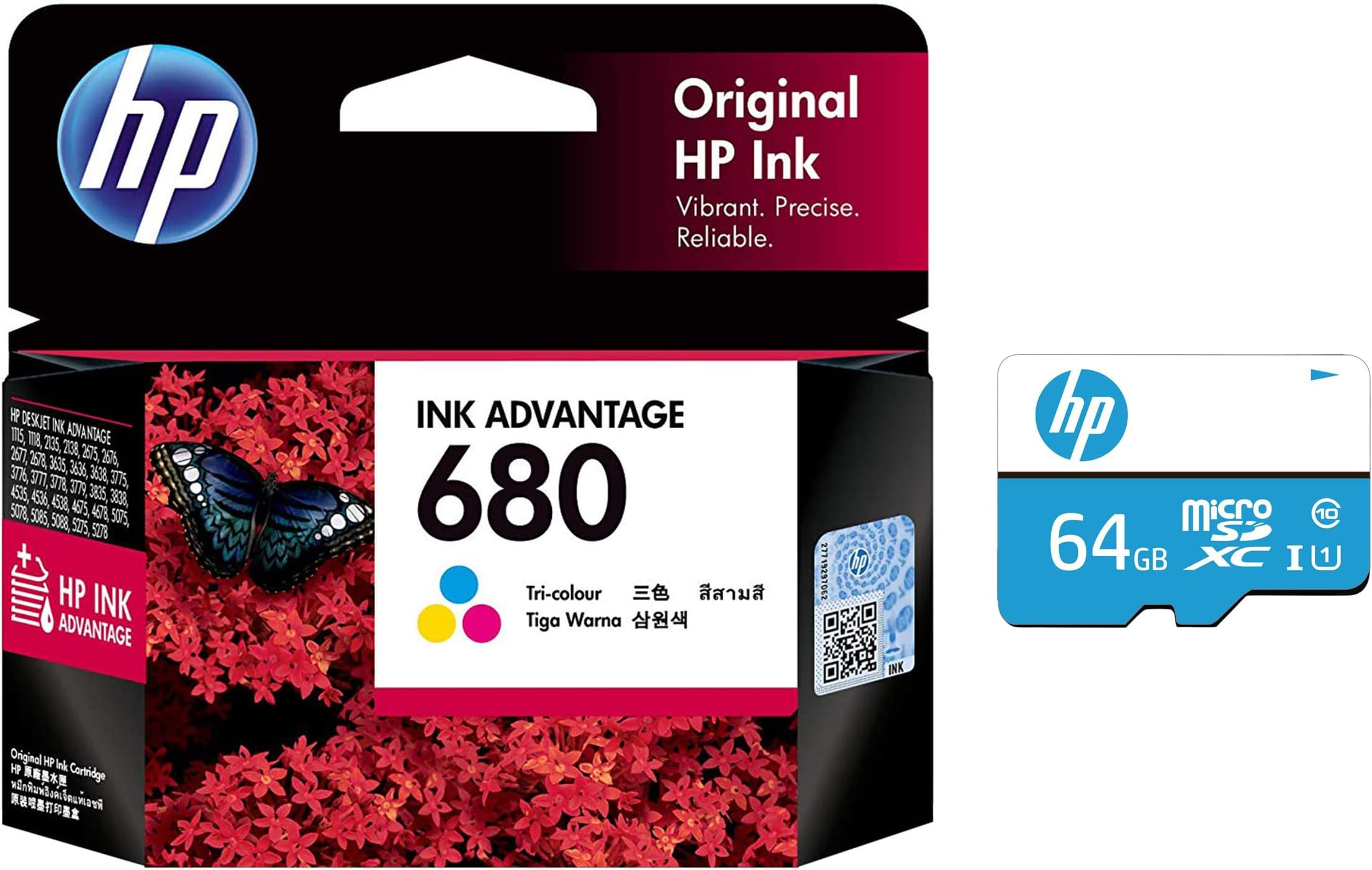 HP 680 Tri-Color Original Ink Advantage Cartridge & 64GB Class 10 MicroSD Memory Card (HP-MSDCWAU1-64GB)