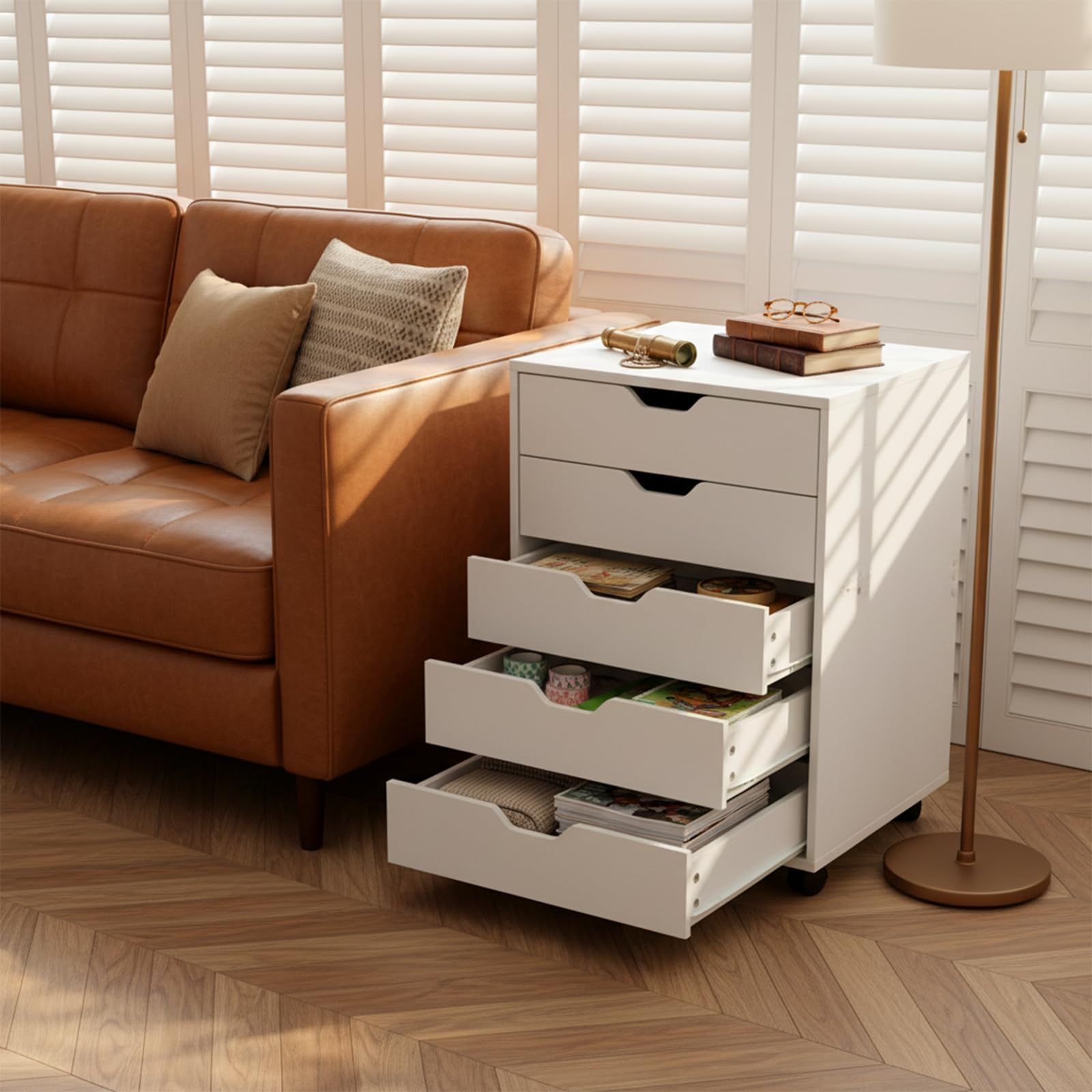 Cajonera Oficina, Cajonera Escritorio con 5 Cajones, Multiusos Armario Archivador Móvil con 4 Ruedas para Bajo Escritorio Casa, Soporte para Impresora, 65cm Alto, Blanco