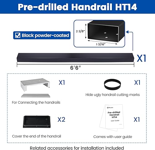 Miniatura 2 de Muzata Pasamanos de acero inoxidable preperforado de 6 pies 6 pulgadas con tapa de extremo de conector de extensión para fácil instalación,