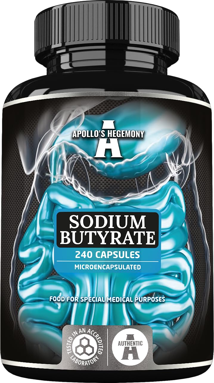 Sodio butirrato ad alto dosaggio 570 mg (30% di acido butirrico), 240 capsule vegane, fornitura di 8 mesi, integratore per sostenere la rigenerazione della barriera intestinale - Apollo's Hegemony
