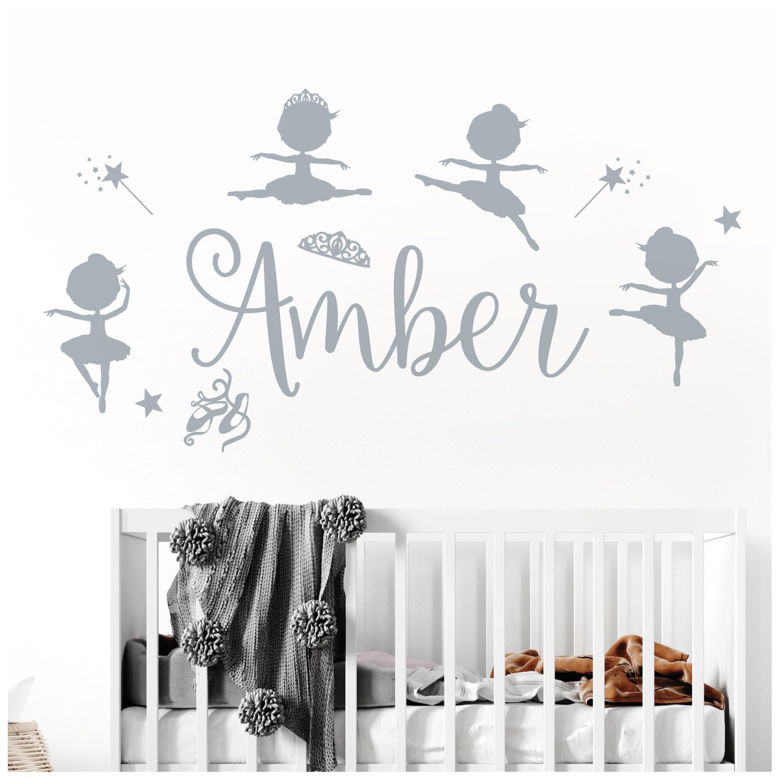 Personalised Name Girls Wall Art Sticker - Baby Ballerina Little Princess, Ballet Shoes, Wand, Star [Large] [Silver]
