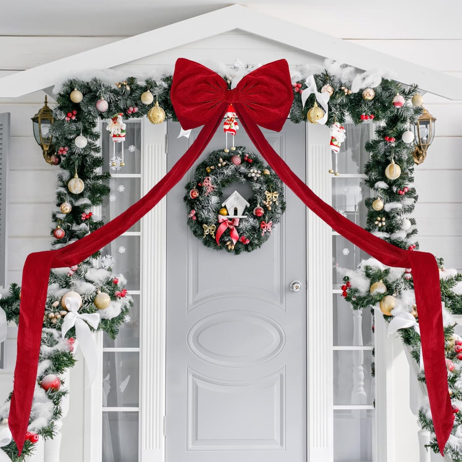 Christmas Tree Topper Bow 15.7 x 75 Inches Extra Large Velvet Wreath Bows for Christmas Tree Decorations Giant Burgundy Red Tree Toppers for Xmas Home Front Door Stair Railings Decor Supplies