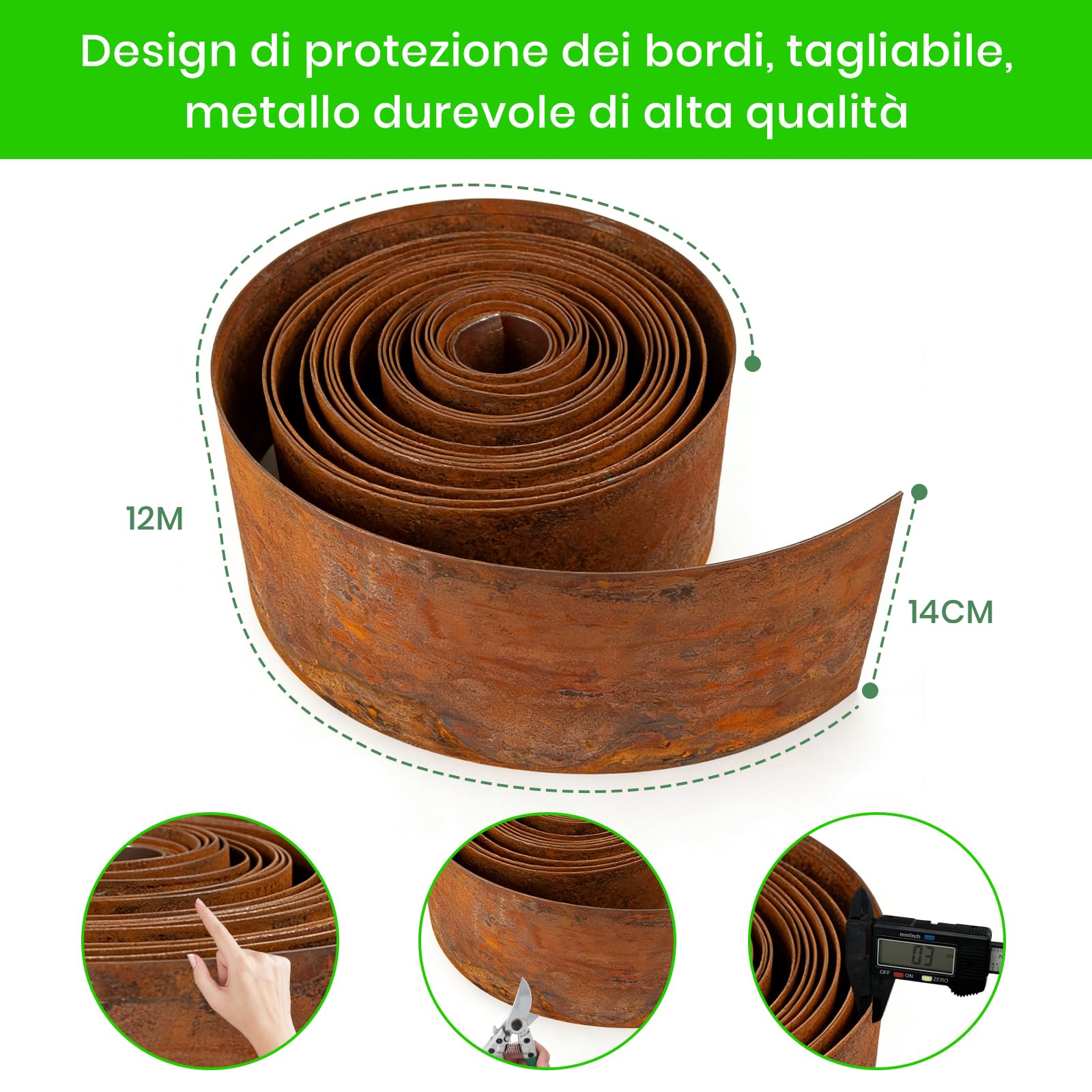 Bordura per Giardino in Acciaio Corten, 12m x 14 cm, Bordo per Aiuola in Metallo Arrugginito, con 1 Paio di Guanti Incluso