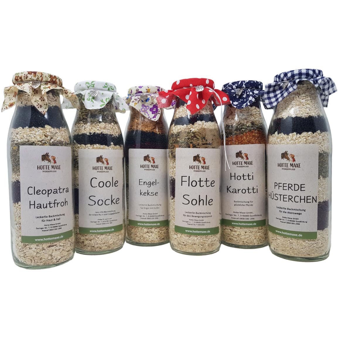 RL24 Hotte Maxe - Leckerli-Backmischung Varianten-Mix – 6 x 500 ml | (6er-Set) – Flasche – zum frischen Zubereiten von Pferdeleckerlis – Keksmischung für Pferde – Pferdefutter