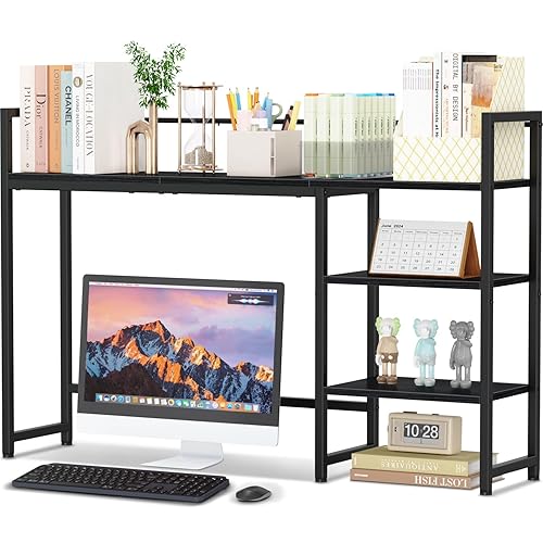 Snughome Desk Shelf, 44.9" Large Desktop Organizer Shelf, Desk Hutch for Monitor, 4 Tier Display Rack, Wooden Desktop Bookshelf Storage Rack for Home Office Dorm