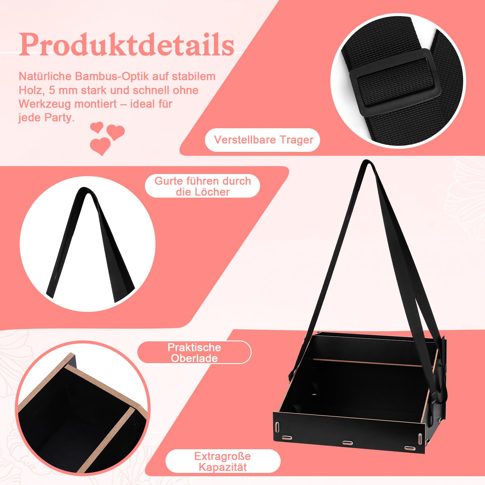 Carrello per addio al nubilato con cassetto superiore, 2 cinghie, 42 x 30 x 25 cm, in legno, decorazione per addio al nubilato, per uomini e donne, promozione, feste, catering, nero