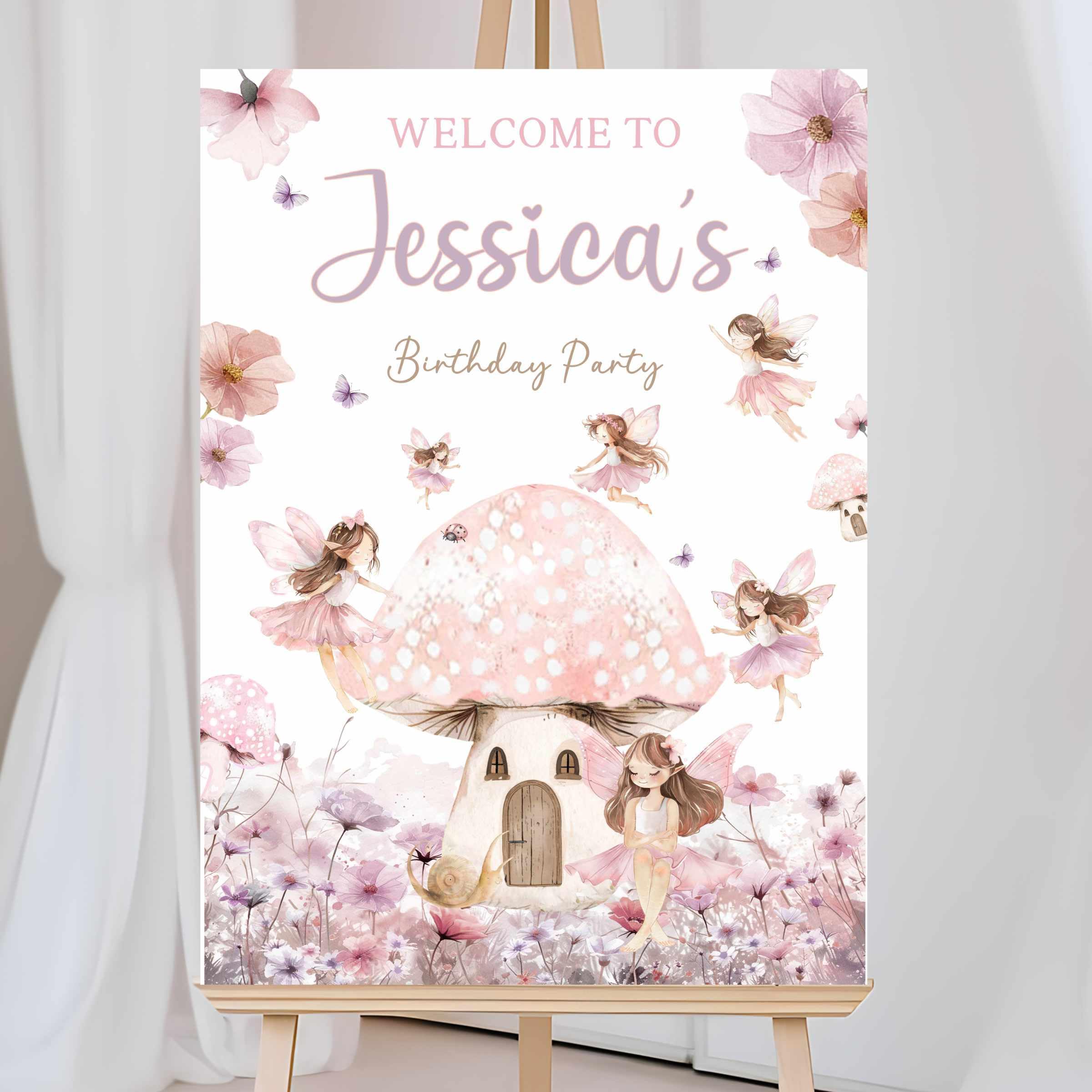 Birthday Party Welcome Sign, Personalised Poster, Girls Fairy Toadstool Party A4, A3, A2, A1
