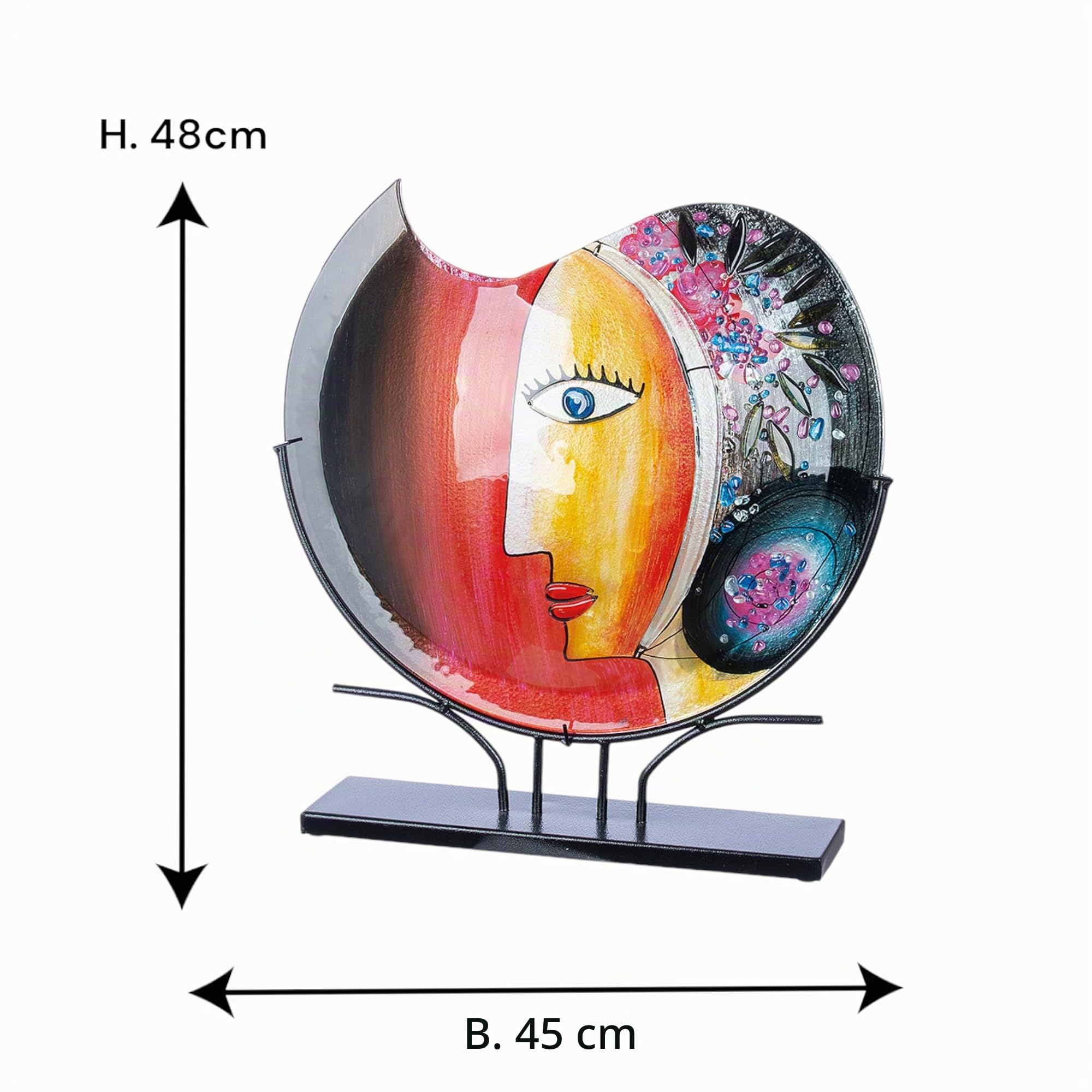 GILDE GLAS art Deko große Vase Gesichtsvase - handbemalte Glasvase mit Metall Ständer - Dekoration Wohnzimmer Höhe 48 cm mehfarbig