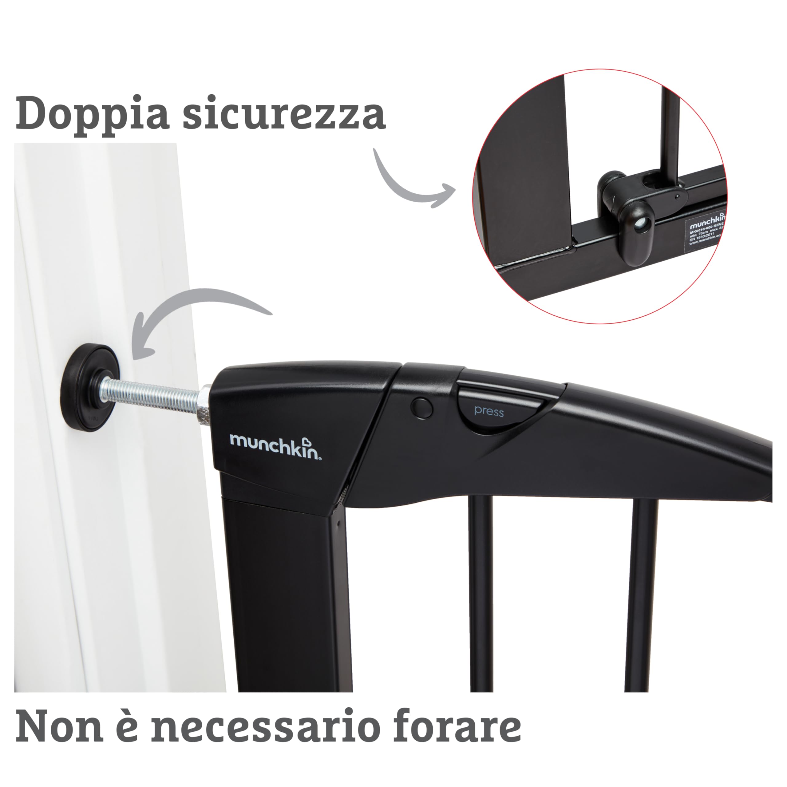 Cancello per scale Munchkin, Cancello per scale Pressure Fit Baby o Dog Gate, Cancello per bambini senza viti facile da installare, 76-82 cm, nero