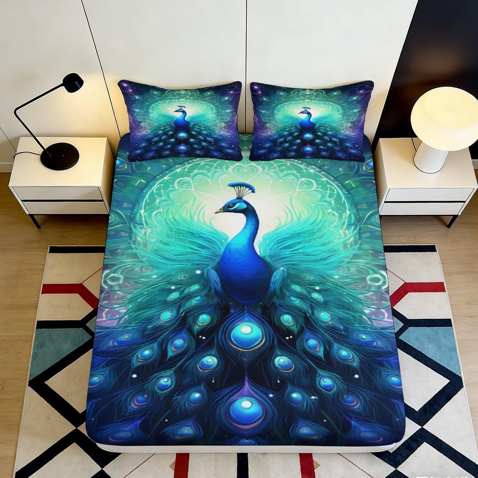 3D Printed Peacock Blue Green Fitted Sheet Microfiber Soft Artistic Mattress Cover for Bedroom Guest Room Home Decor 90x200x25cm