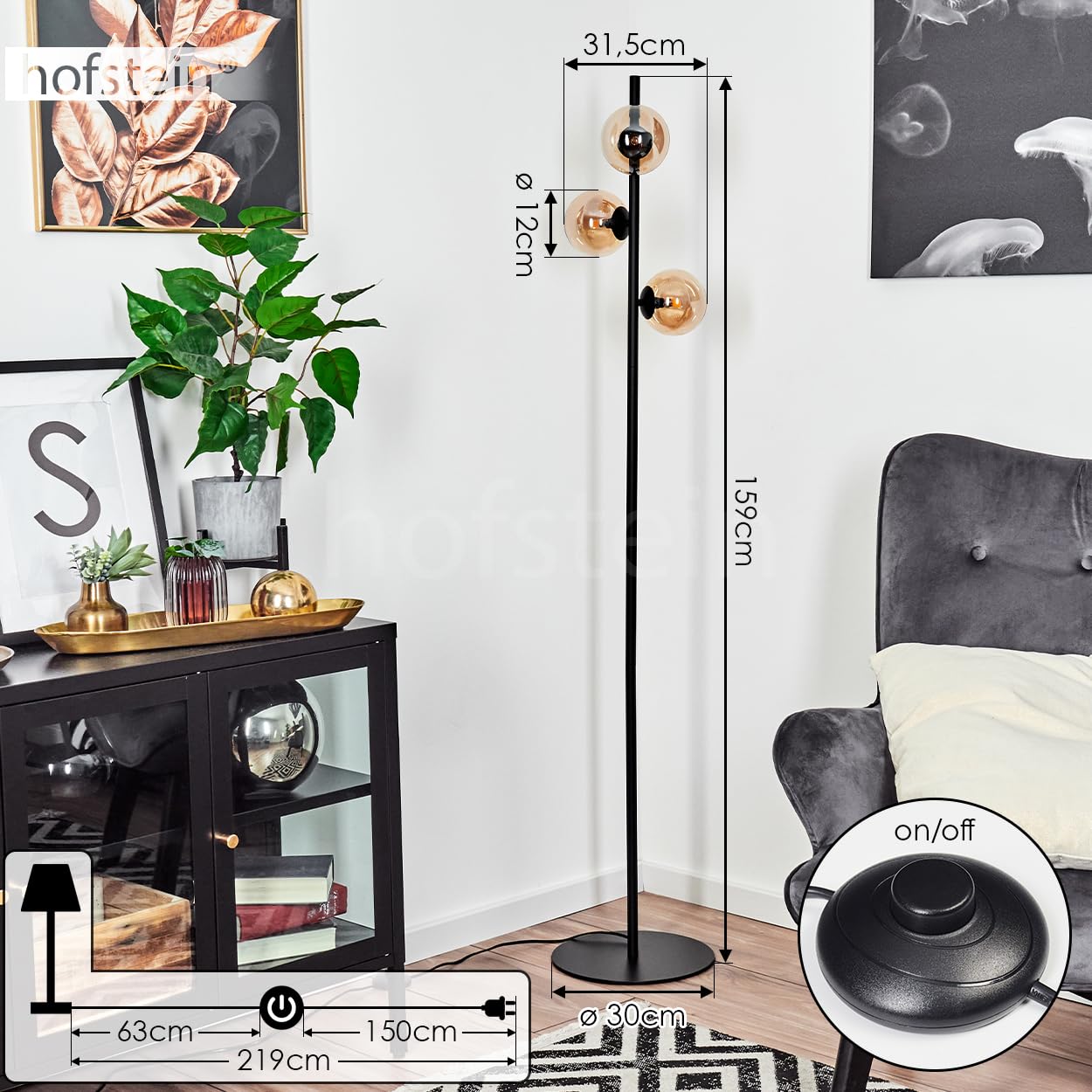 Stehleuchte Remaisnil, moderne Stehlampe aus Metall/Glas in Schwarz/Bernsteinfarben, Standleuchte mit Schirmen aus Glas (Ø 12 cm), mit Fußschalter am Kabel, 3 x G9, ohne Leuchtmittel