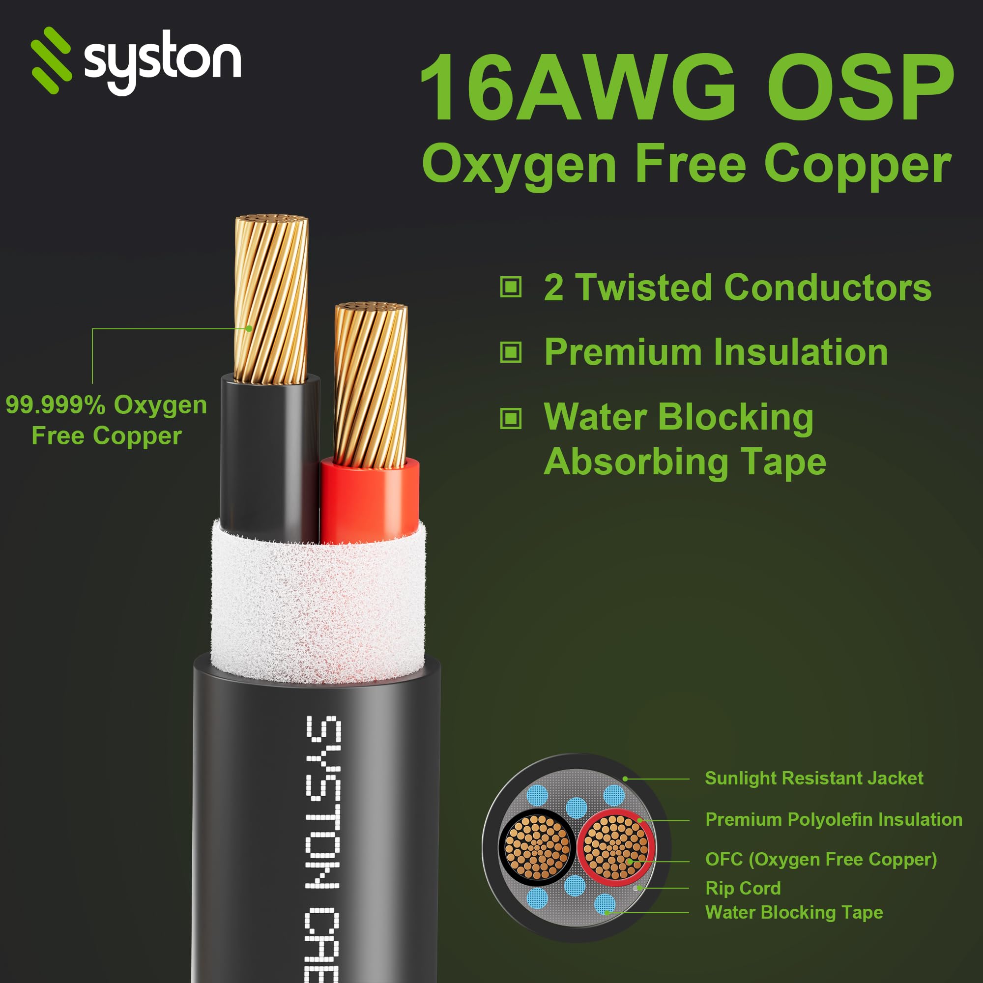 SYSTON - Cable de audio para altavoz 16/2, para interiores y exteriores, entierro directo en pared/en tierra, calibre 16, 2 conductores, OFC, de cobre desnudo trenzado, resistente al agua, cumple con
