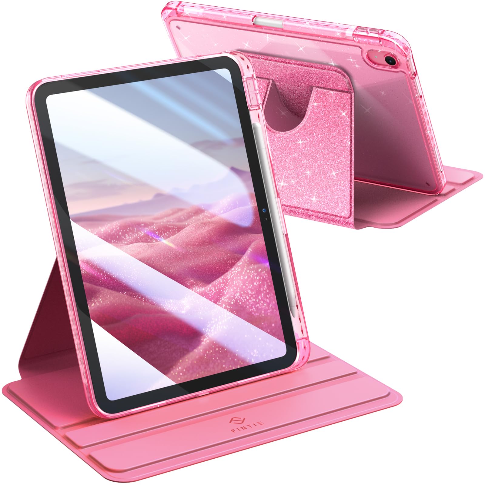 Fintie Rotierende Hülle für iPad (A16) 11./10. Generation 2025/2022 mit Stifthalter – 360 Grad Drehbare Schutzhülle mit Transparente Acryl-Rückseite, Stoßfester Rahmen, Auto Wachen/Schlafen, (Glitzer)