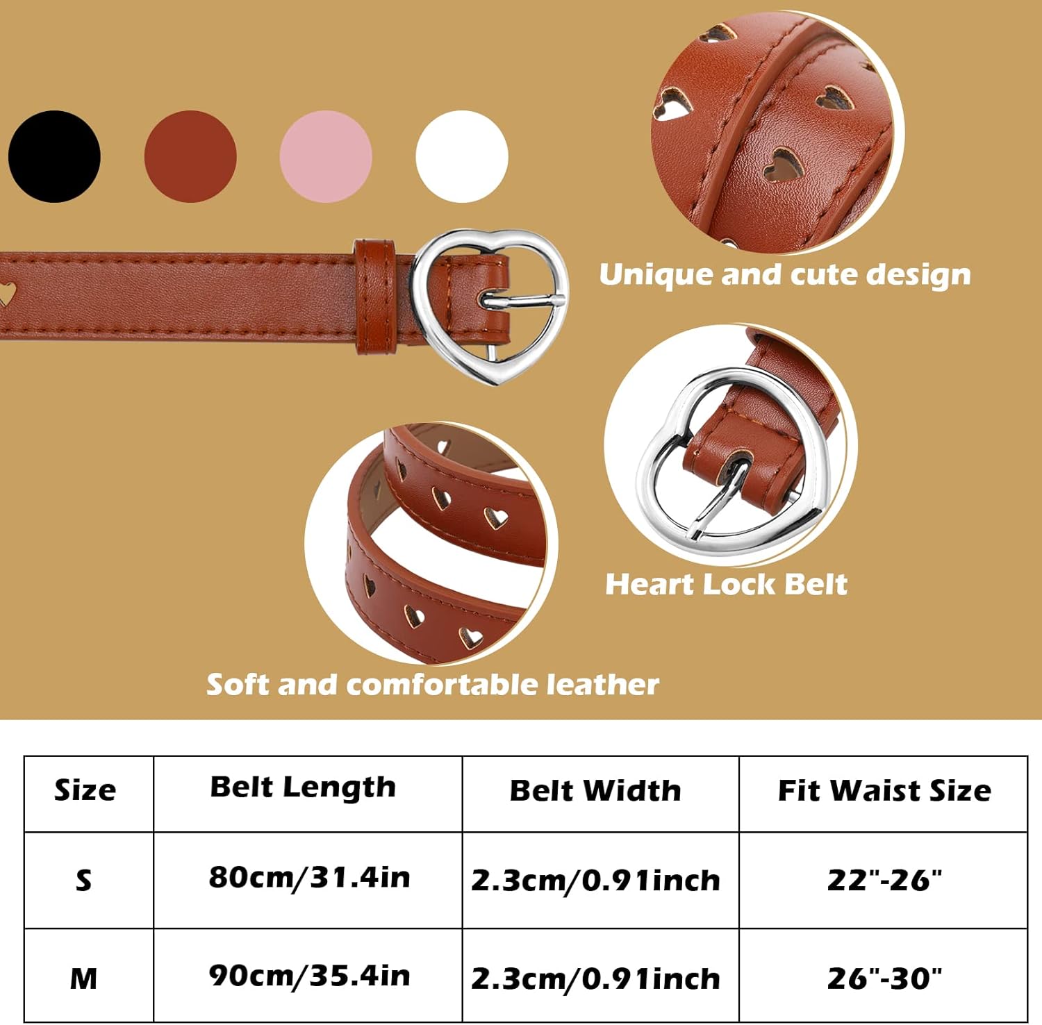 Newcotte 4 Pcs Girls Belt Size 6-12 Kids PU Leather Waist Belt Hollow Heart Design Metal Buckle for Girl Dress Pants Jeans - Image 2