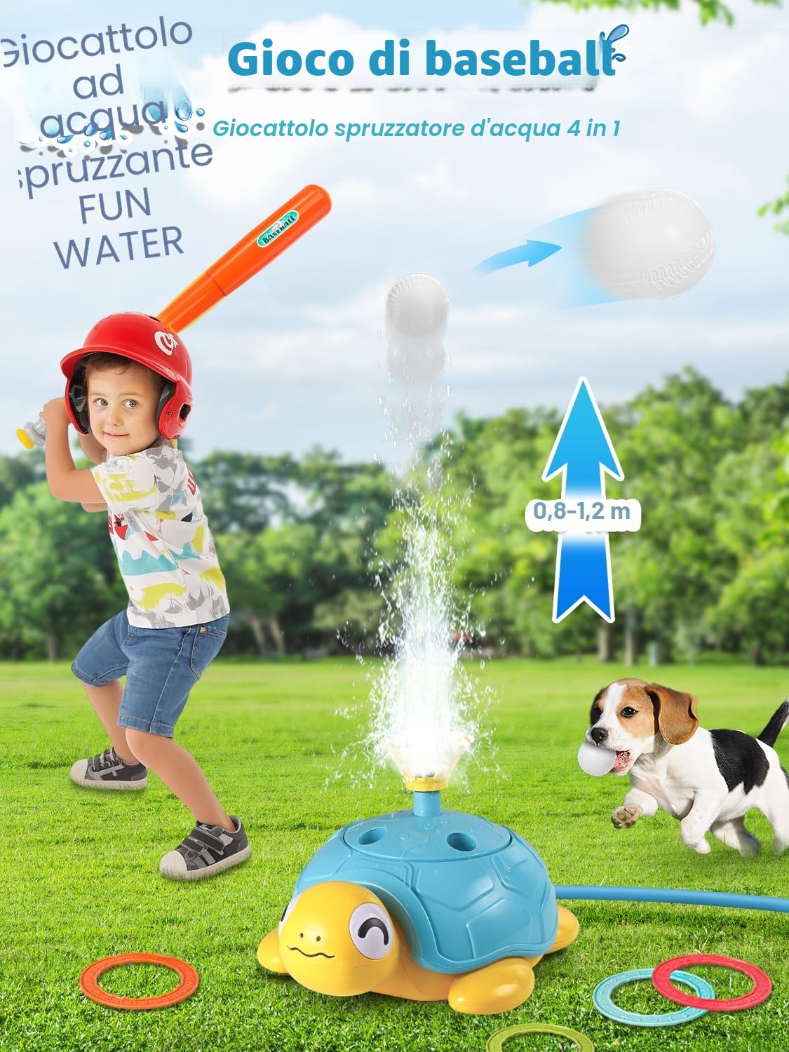 4 in 1 Giochi da Giardino per Bambini, Tartaruga Spruzzino Acqua da Giochi da Esterno, Gioco Lancio Anelli, Jump Challenge, Lanciatore di Baseball, Giochis Acqua Bambini 3 4 5 6 7 8 9 10 Anni