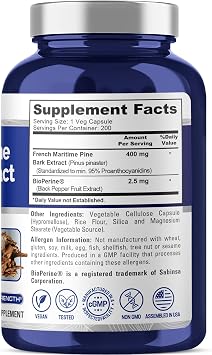 French Maritime Pine Bark, Vegan, 400mg, 200 Veggie Caps - 200 Servings | Herbal Formula, Pinus pinaster Bark Extract, BioPerine, Non-GMO, Suitable for Adults, Manufactured in cGMP Facility USA