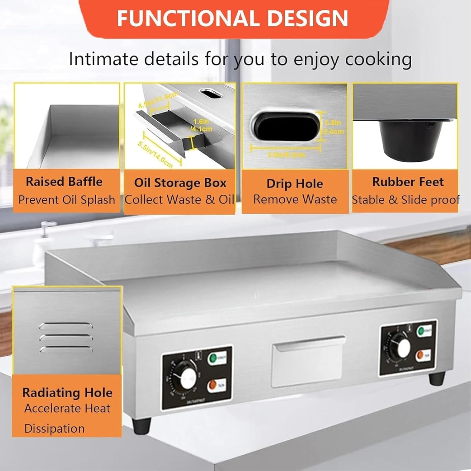 Commercial Electric Griddle, Stainless Steel Flat Top Countertop, Hamburger Bacon Griddle, Nonstick Pancake Maker with