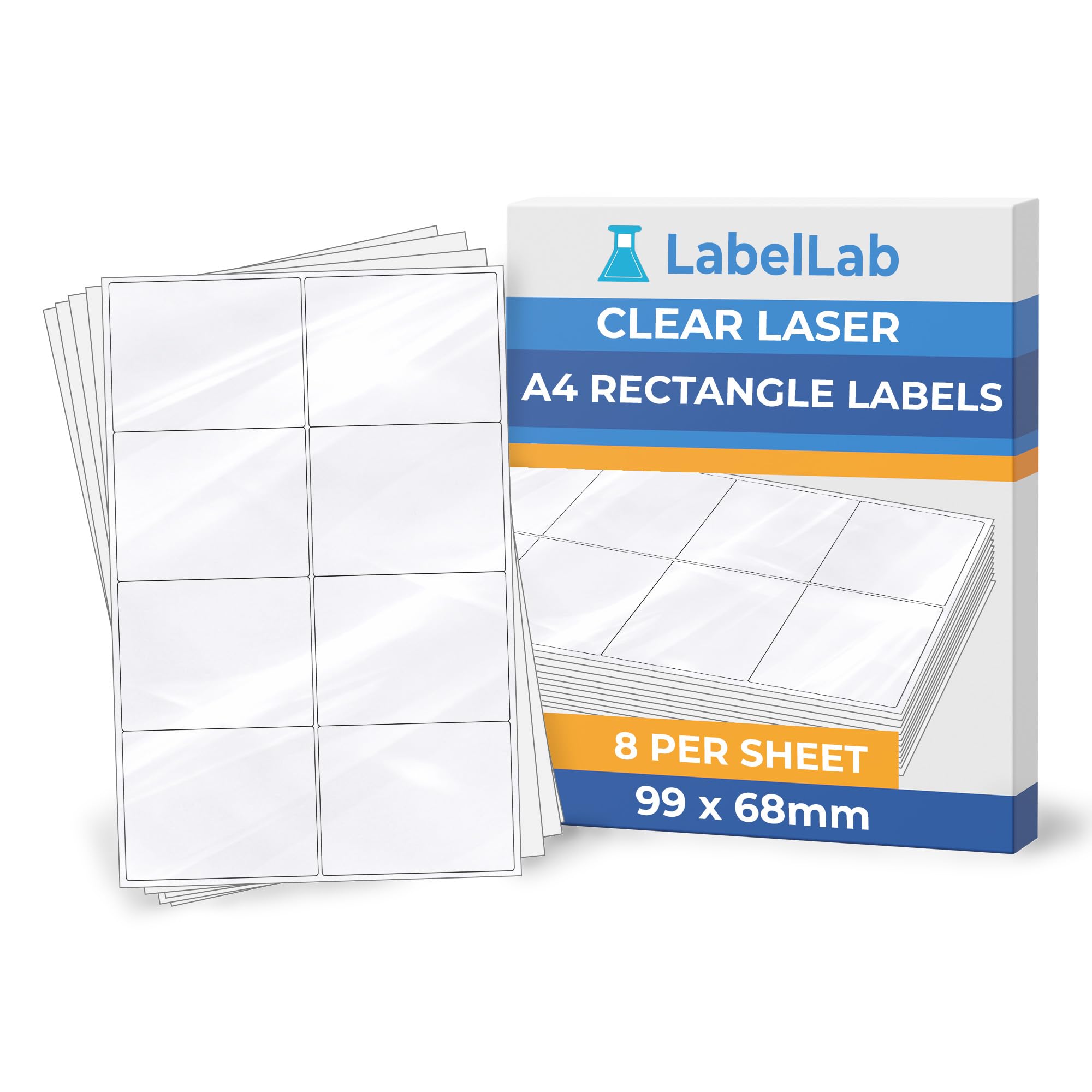 Clear A4 Rectangle Labels for Laser Printers – Transparent Printable Sheet Labels, Strong Adhesive – 8 Per Sheet (99 × 68 mm), 25 Sheets – LabelLab