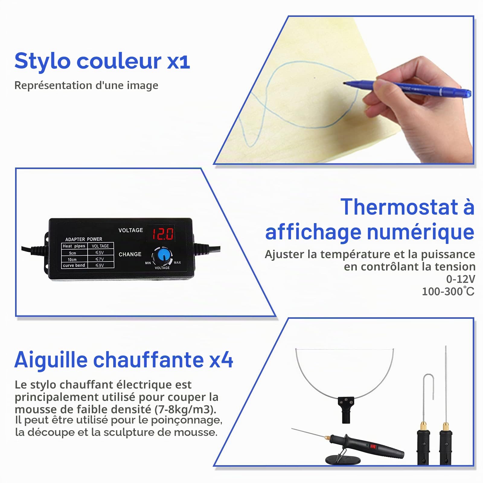 Coupe-polystyrène 4 en 1 avec régulateur de tension numérique, coupe mousse électrique GOCHANGE, stylo de découpe de polystyrène 100-240 V / 9-27 W avec adaptateur de tension réglable