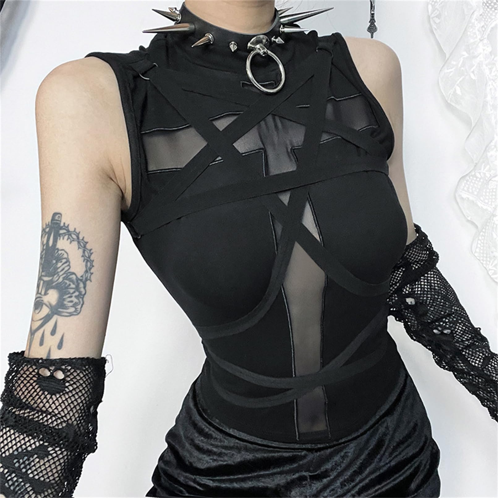 Women Gothic Crop Tank Top Y2k Shirt Cropped T-Shirts Halloween Costume: Black 2 Small