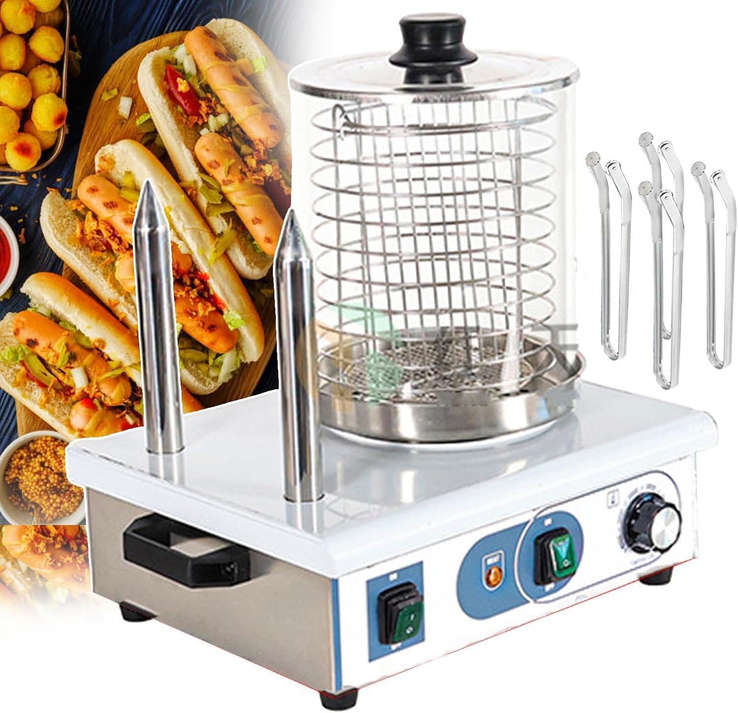 Hot Dog Maker Sausage Grill Stove | Commercial Electric Hot Dog Steamer | Electric Contact Grills | Professional Food Steamer For Restaurants/Home (With 2 Grill Tongs)