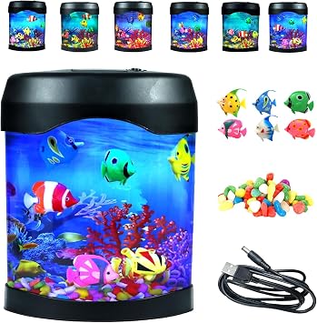 Fake Fish Tank Night Light, 6 Color Changing Aquarium Lamp with Moving Fish | Calming Sensory Gift, Desk Decor, Home Office Bedroom, Relaxing & Soothing, Bubble Effect, Artifcial Fish Tank Desk Lamp