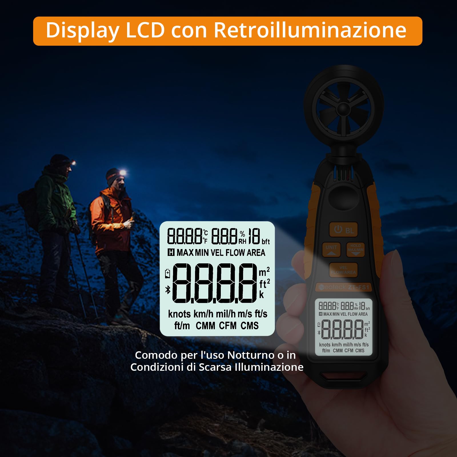 Neoteck Anemometro Digitale con LCD Retroilluminato Misuratore di Velocità del Vento Misura la Temperatura e Umidità del Vento Velocità CFM Anemometro per Barca Windsurf Vela Attività all'aperto