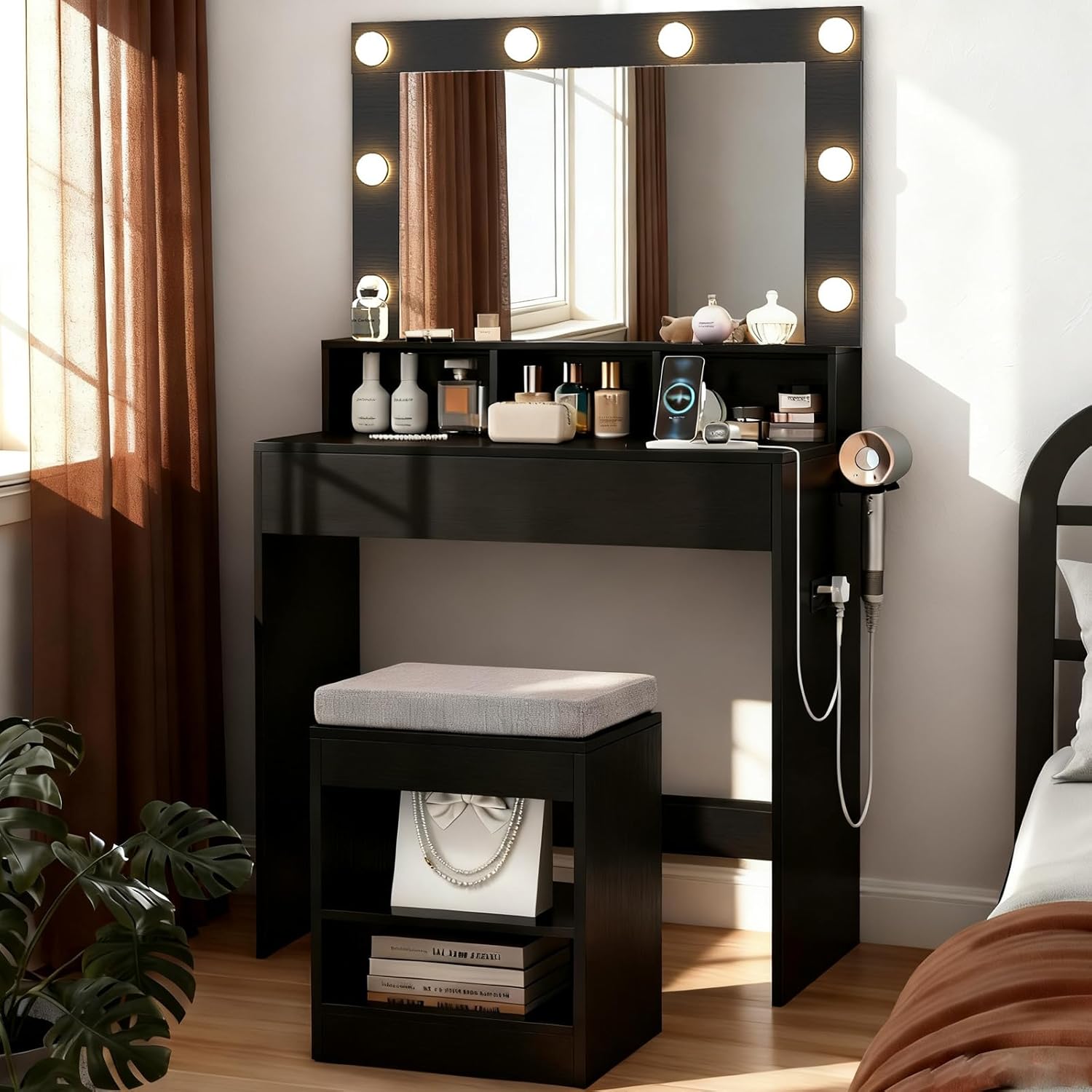 COSTWAY Vanity Desk with Mirror and Lights, 31.5'' White Dressing Table with Charging Station, Storage Drawer & Shelf for Small Space, Bedroom Makeup Vanity Set for Girl, Teen, Women (Black)