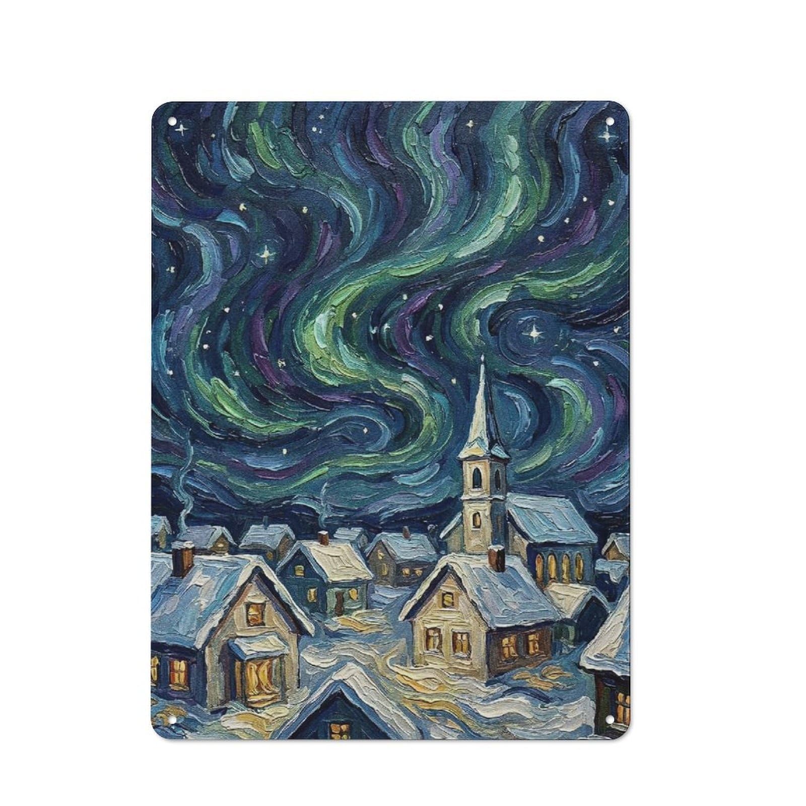 Junmoney Style-16 Aurora Borealis Over Snowy Village Retro Metal Wall Decor 40X30cm, Retro Metal Sign For Garage, Hobby Room, Office Or Man Cave