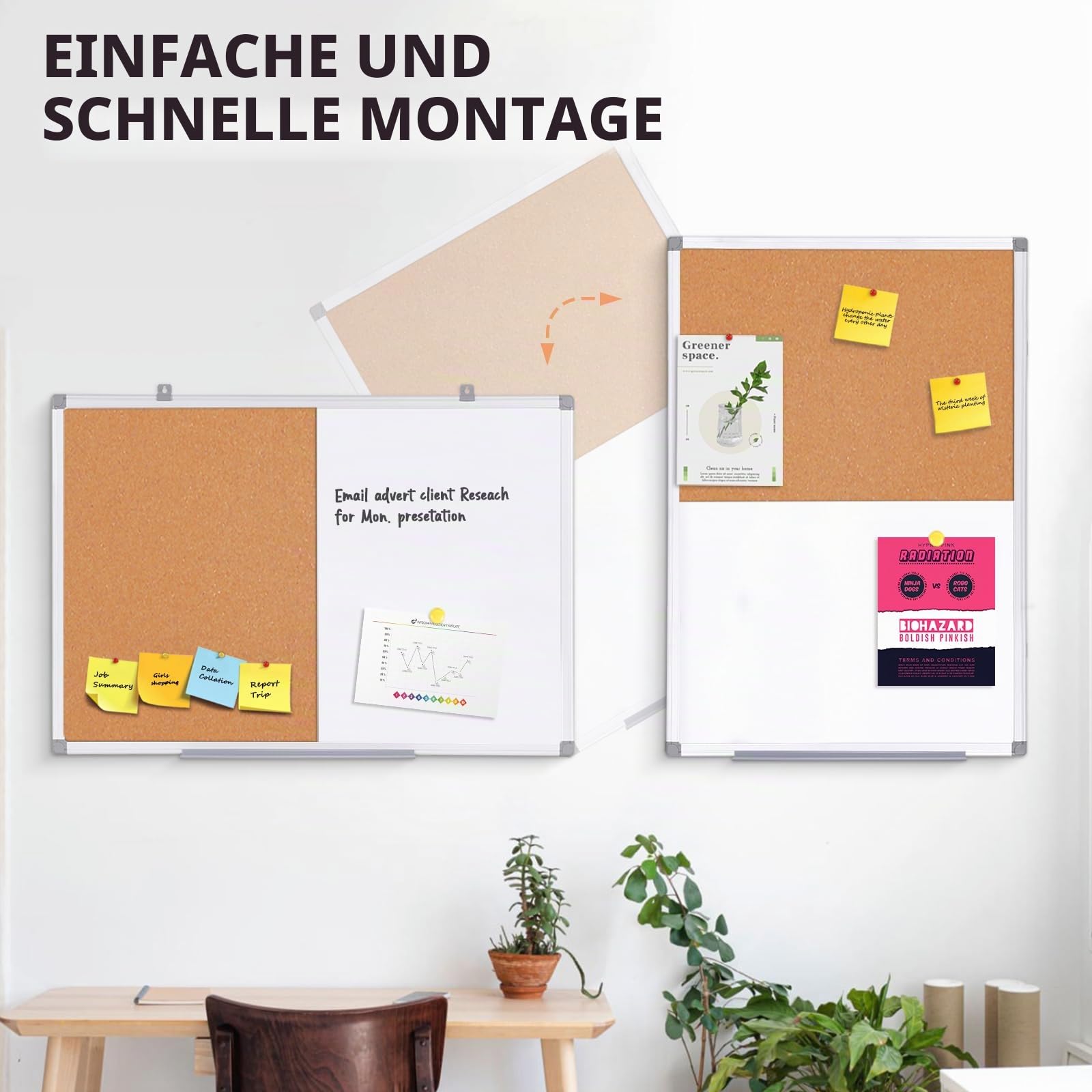 Swansea Whiteboard Magnettafel und Pinnwand Kork mit Aluminiumrahmen für Wohnung, Büro, Küche und Schule, 120x90cm
