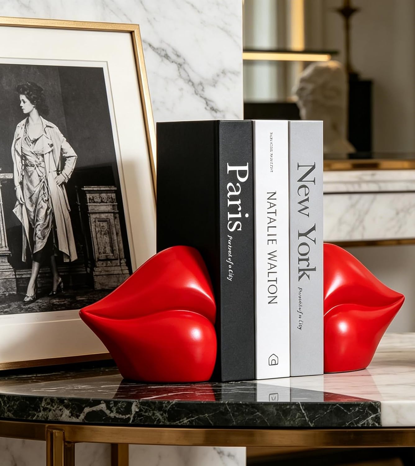 2PCS Red Lips Decorated Bookends for Red Room Decor Unique Bookends for Heavy Books for Home Study Room Hotel Office Shelves (Red Lips)