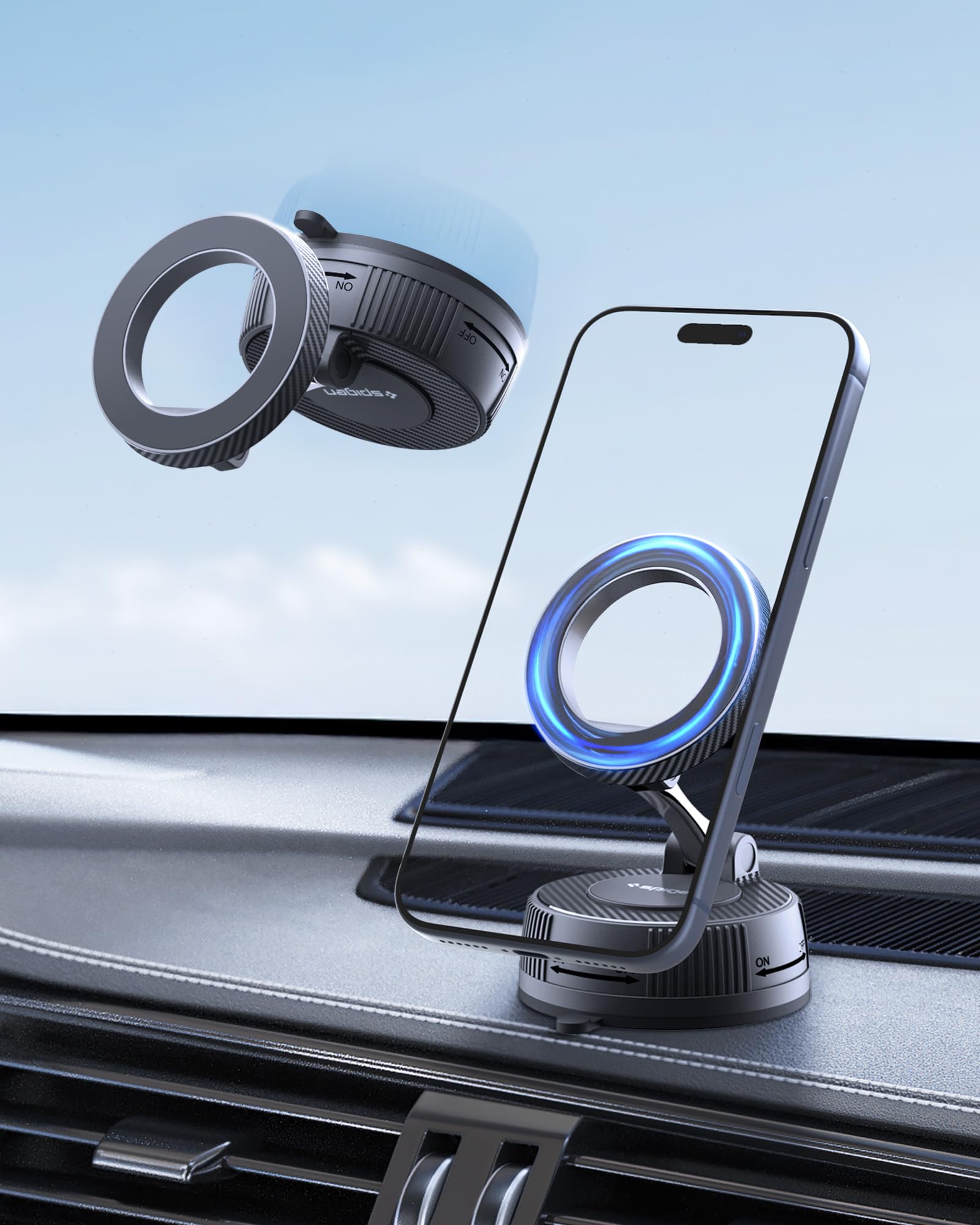 Spigen VacuumLock Supporto Telefono Auto per MagSafe, Porta Cellulare Magnetico Rotazione a 360° per iPhone 17 17e 16 15 e Cover MagSafe/Pixelsnap per Galaxy S26 Pixel 10a 10 - Cruscotto/Parabrezza