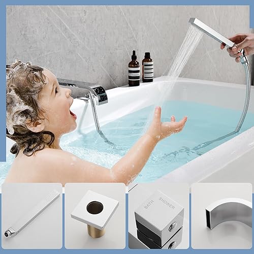 Miniatura 5 de Grifo de bañera romana en cascada con ducha de mano, grifo de bañera de montaje en cubierta con rociador, juego de grifo de bañera de una sola