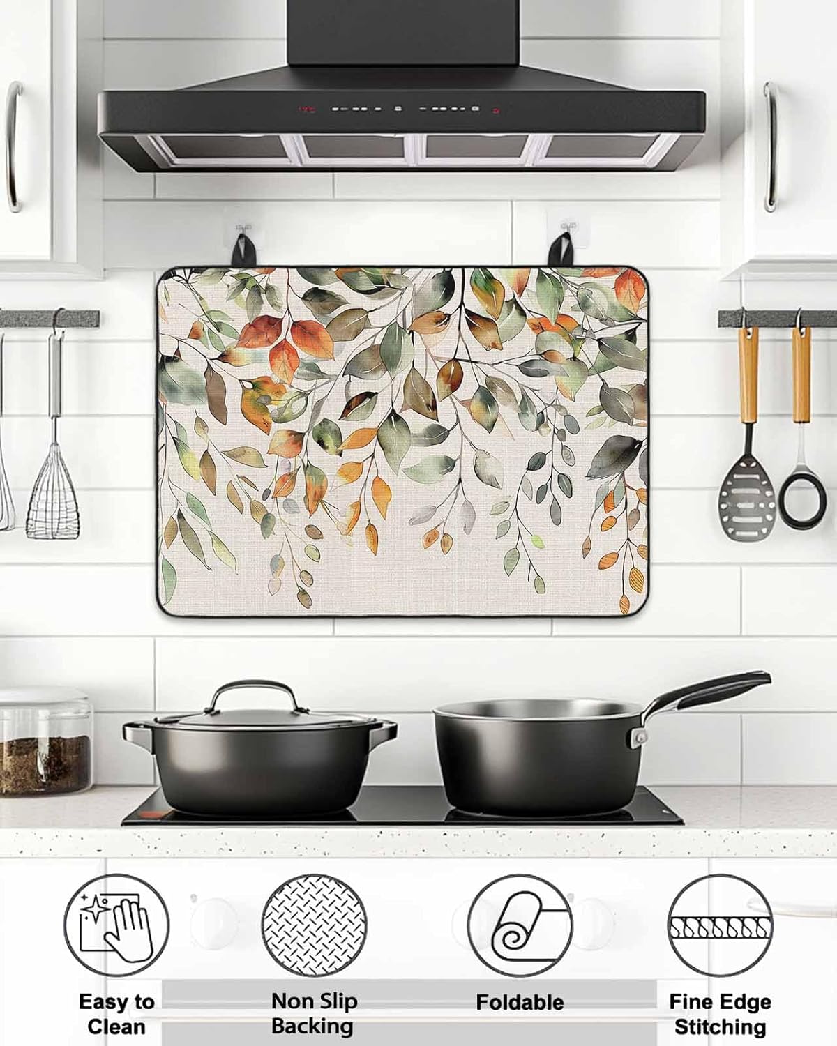 Stove Cover for Electric Stove 36x21 Inch Orange Leaves Stove Top Cover Autumn Green Leaf Beige Glass Cooktop Covers Anti-Slip & Heat Resistant Countertop Protector Home Kitchen Decor