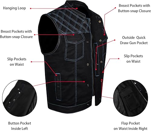 Miniatura 10 de GARGOYLE BELLS Chaleco de moto de mezclilla y cuero para hombre con bolsillos para pistola SOA Biker Club Chaleco con acolchado de diamante para