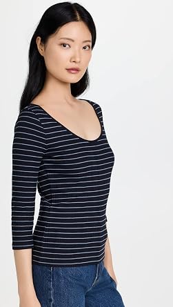 Vince Women's Striped Rib 3/4 SLV Scoop Nk