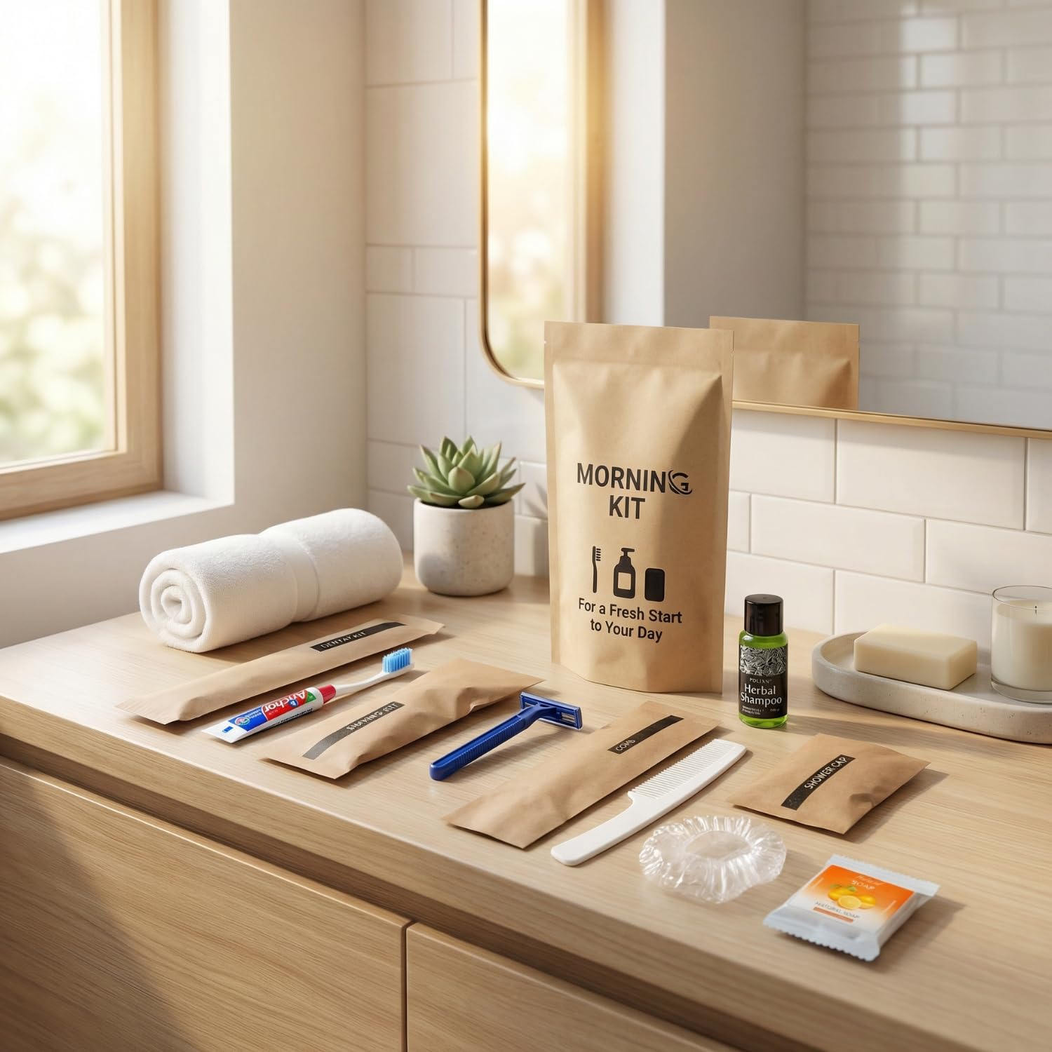 Morning Kit Hotel Toiletries Set – 6-in-1 Travel Essentials | Shampoo, Dental Kit, Shaving Kit, Comb, Shower Cap & Soap in Kraft Pouch | Ideal for Hotels, Airbnb, Weddings (Set of 50)