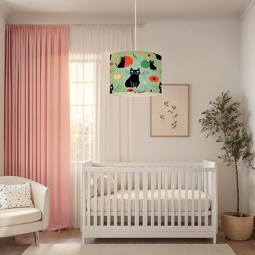 Miniatura 6 de Boho Plug in Pendant Light Cheerful Atomic Black Cats Bright Retro Futuristic Colors 16.4ft Plug in Cord Dimmable Hanging Lamp Fabric Lamp Shade