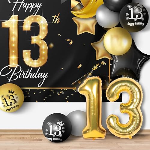 Miniatura 30 de Juego de globos dorados de feliz cumpleaños número 10 – Saludos a los 10 años de edad, guirnalda temática de fiesta con estrellas y luna, decoración