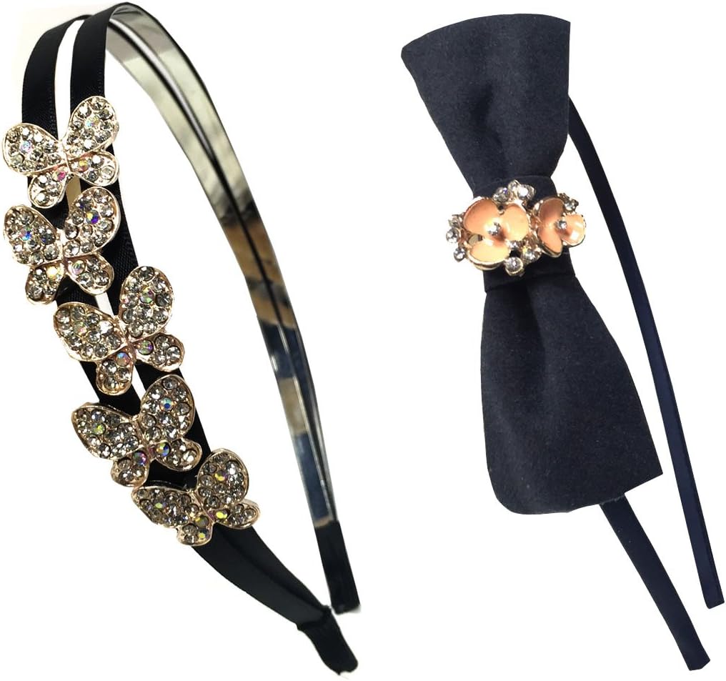 2-pack Diamonds Crystal Diamond Rhinestone Butterflies & Floral headband Hairband Set (Black & Blue)