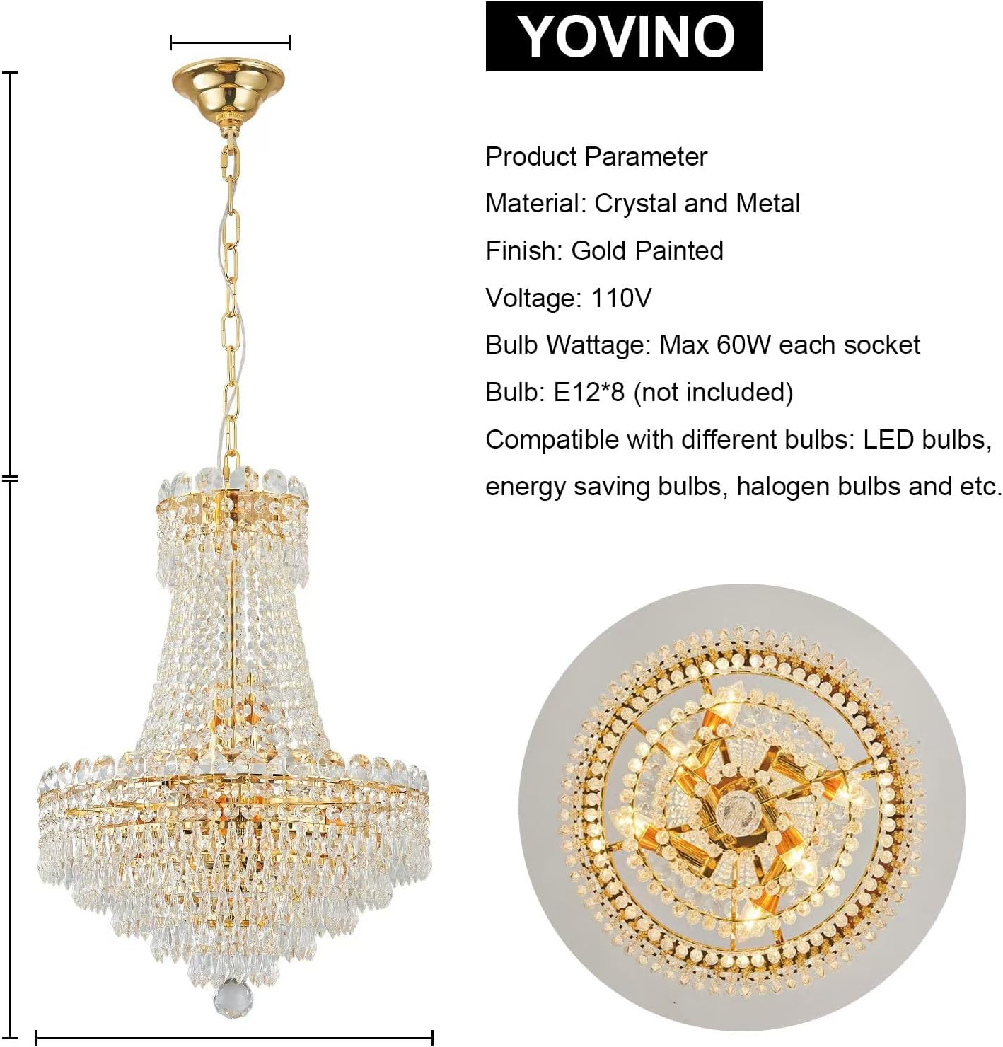 Gold Plating Crystal Chandelier for Entryway, Dining Room, Modern Hallway - 8 Lights, Close to Ceiling, Large K9 Pendant Light Fixture - D16 x H21