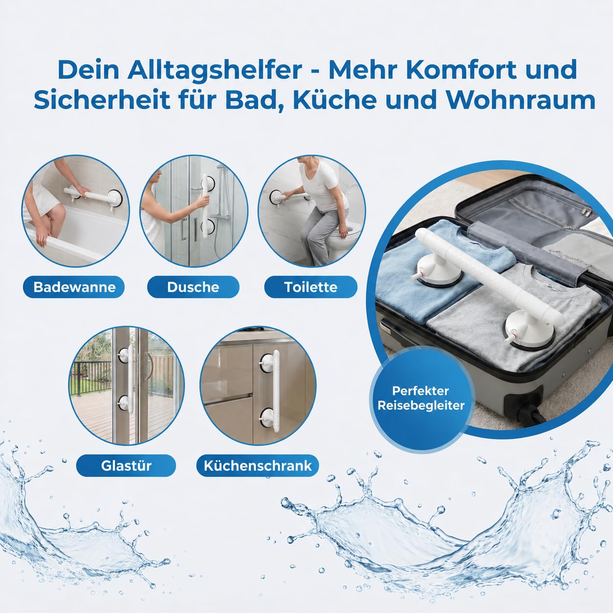 Magicbox Haltegriff mit Saugnapf für Dusche & Badewanne, 36.5 cm Duschgriff ohne Bohren mit Vakuum-Pumpe, 10 cm Saugnäpfen, rutschfestem Griff & Warnanzeige für Senioren