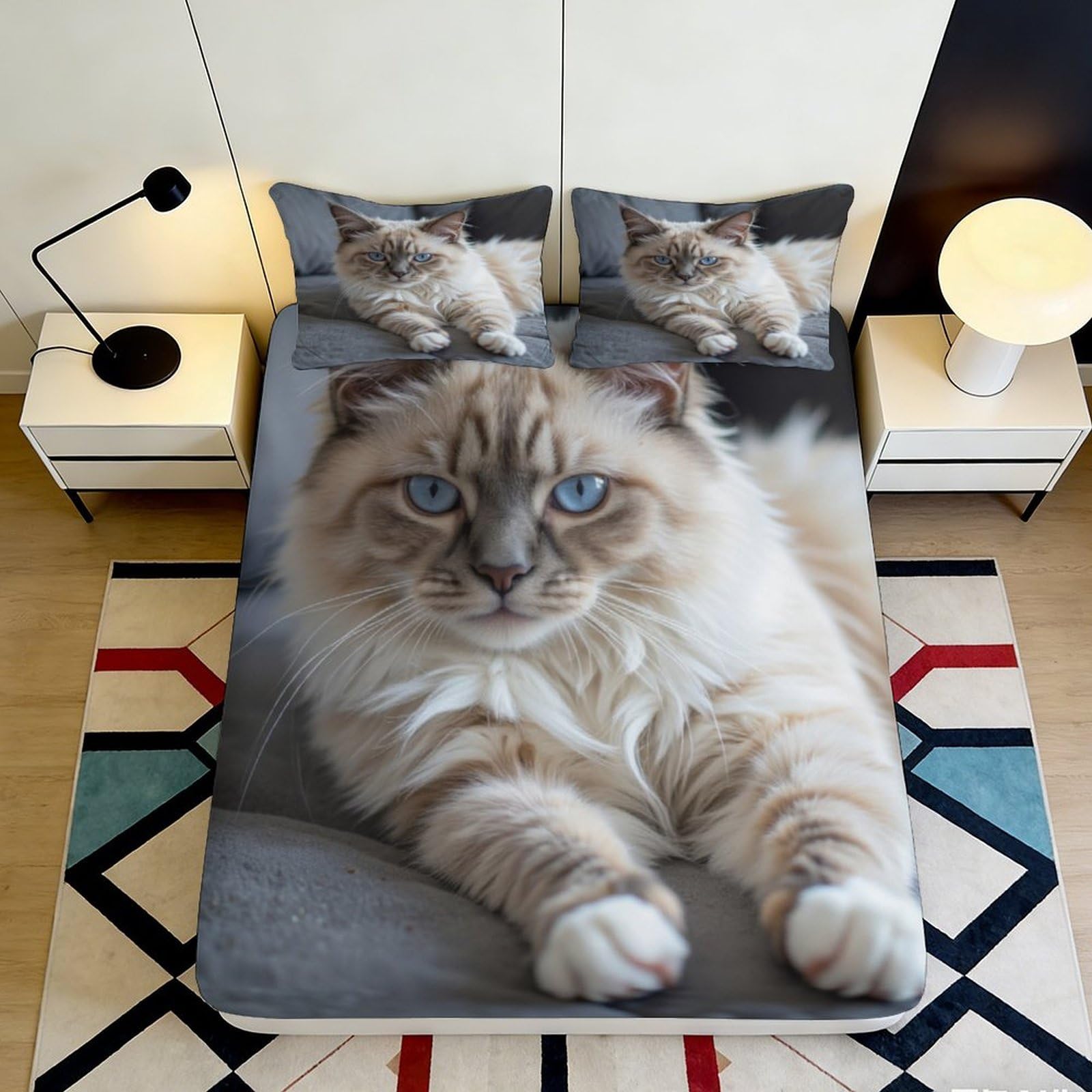 3D Printed Fluffy Cat Fitted Sheet Microfiber Soft Blue Eyes Animal Bed Cover for Bedroom Guest Room Decor 90x200x25cm