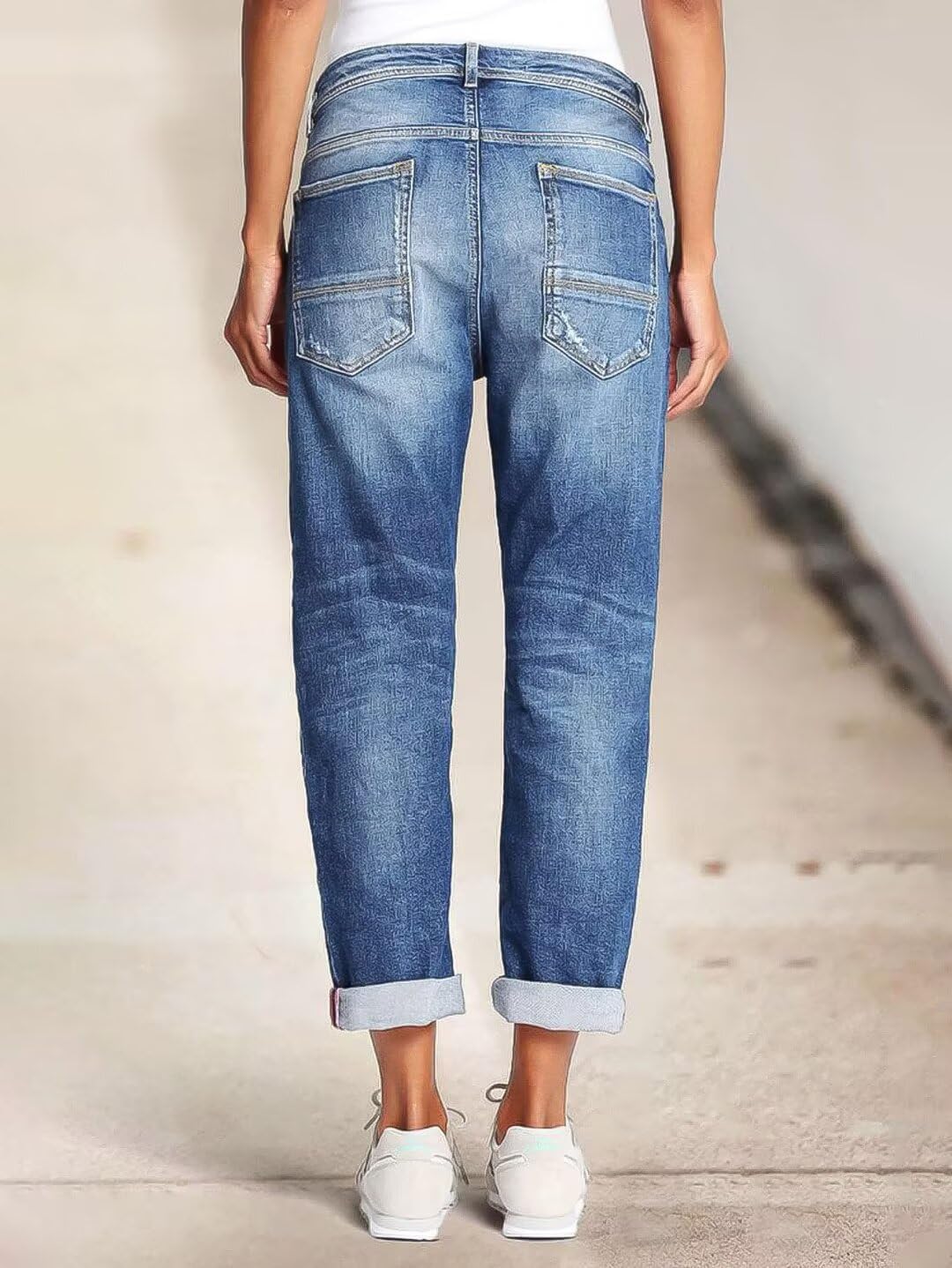 Flamingals Straight Leg Mid Rise Boyfriend Ripped Roll Hem Denim Jeans - Image 3