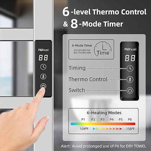 Miniatura 11 de P&Bhusri Toallero calefactable, calentador de toallas de 10 bares para baño, calentador de toallas montado en la pared, toallero eléctrico con Negro