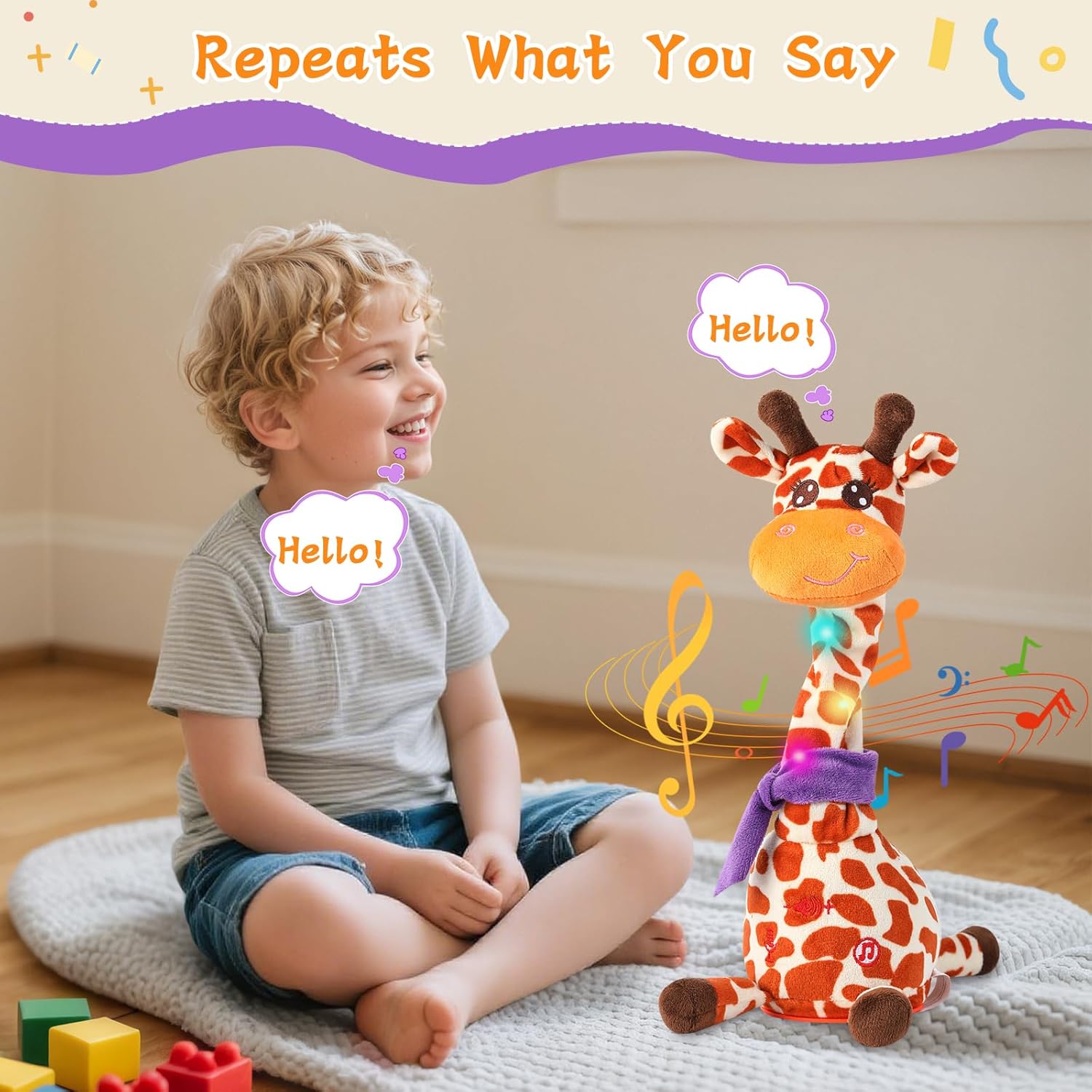 Dancing Talking Giraffe Toy, Stuffed Animal Baby Toy Repeating What You Say, Glowing Musical Electronic Giraffe Gifts for Toddlers 1-3 Years Old, Easter Gift for Kids (New Giraffe)